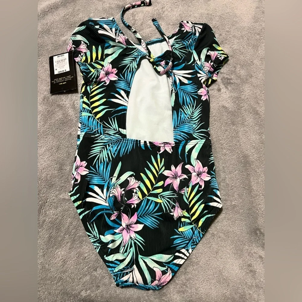 Girls' Tropical Print Open-Back Short Sleeve One Piece Swimsuit art class 6/6x